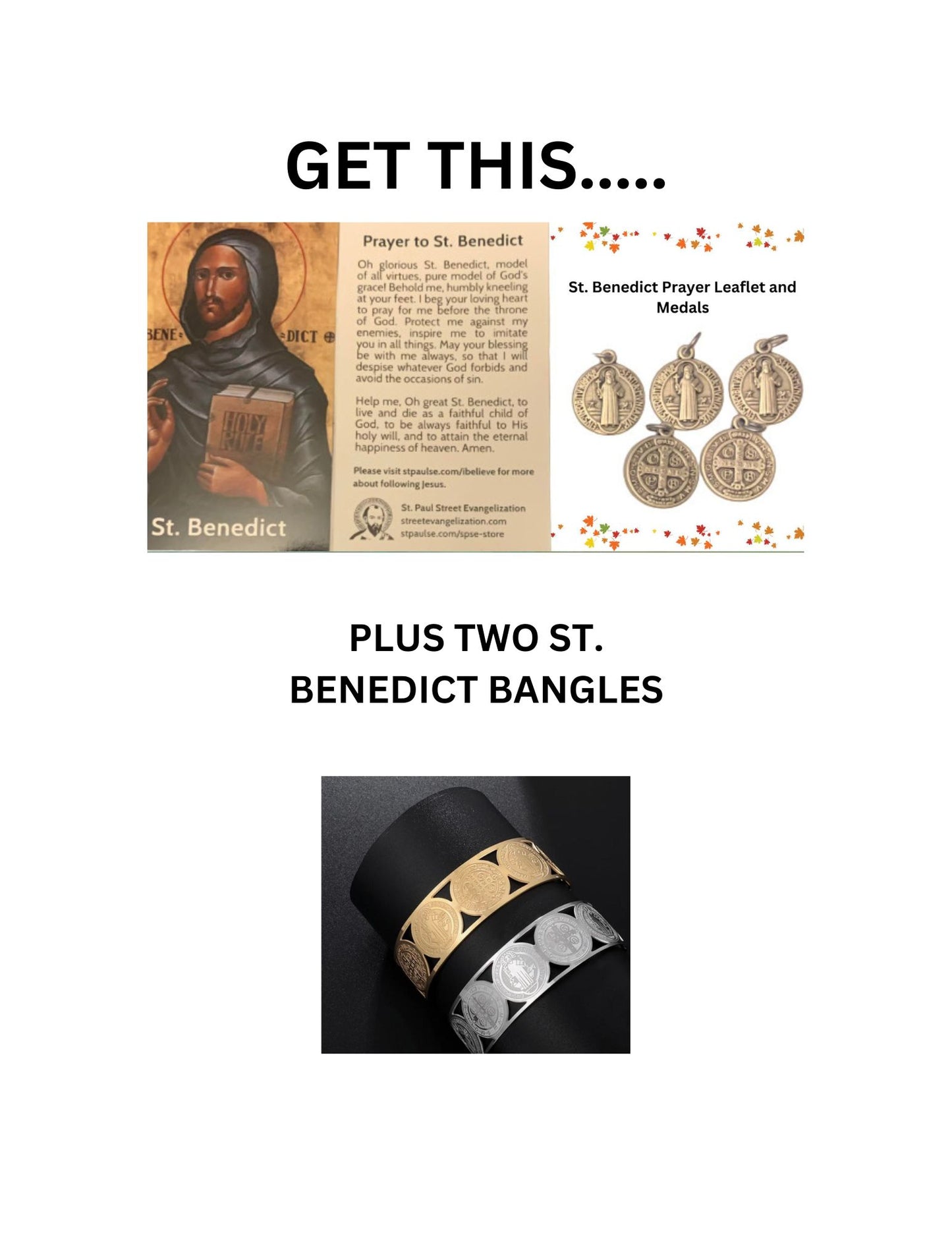 ST. BENEDICT COMBO PACKAGE 2/ PRAYER LEAFLET WITH MEDALS AND TWO BRACELETS