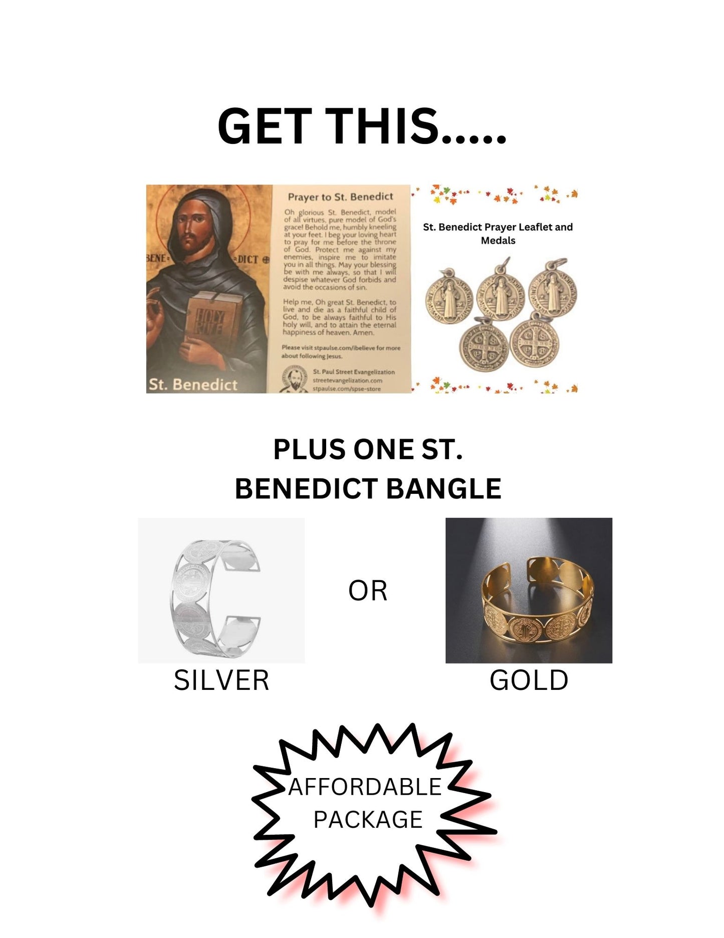 ST. BENEDICT COMBO PACKAGE 1/ PRAYER LEAFLET WITH MEDALS AND ONE BRACELET