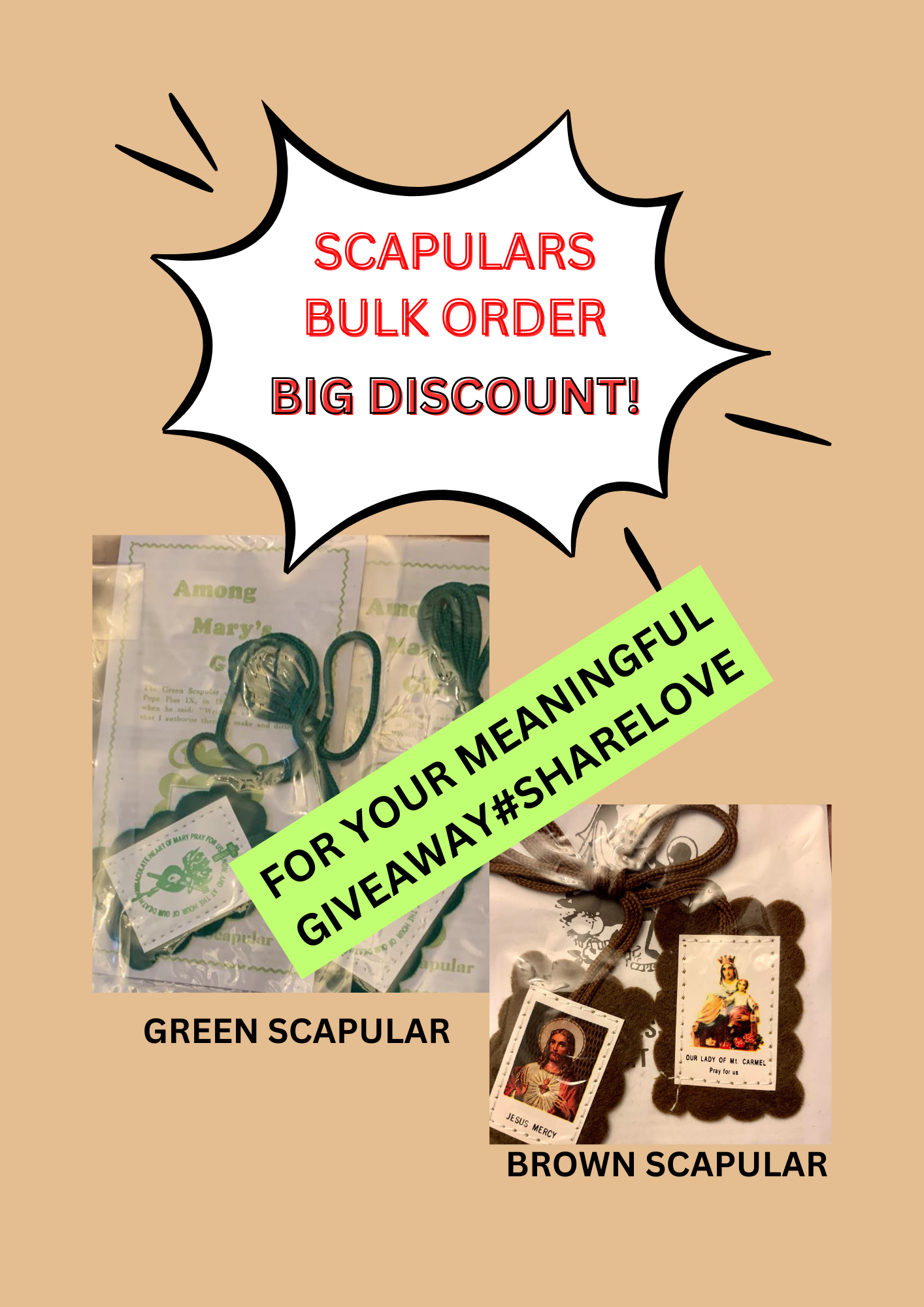 SCAPULARS BULK ORDER / GREEN OR BROWN SCAPULAR