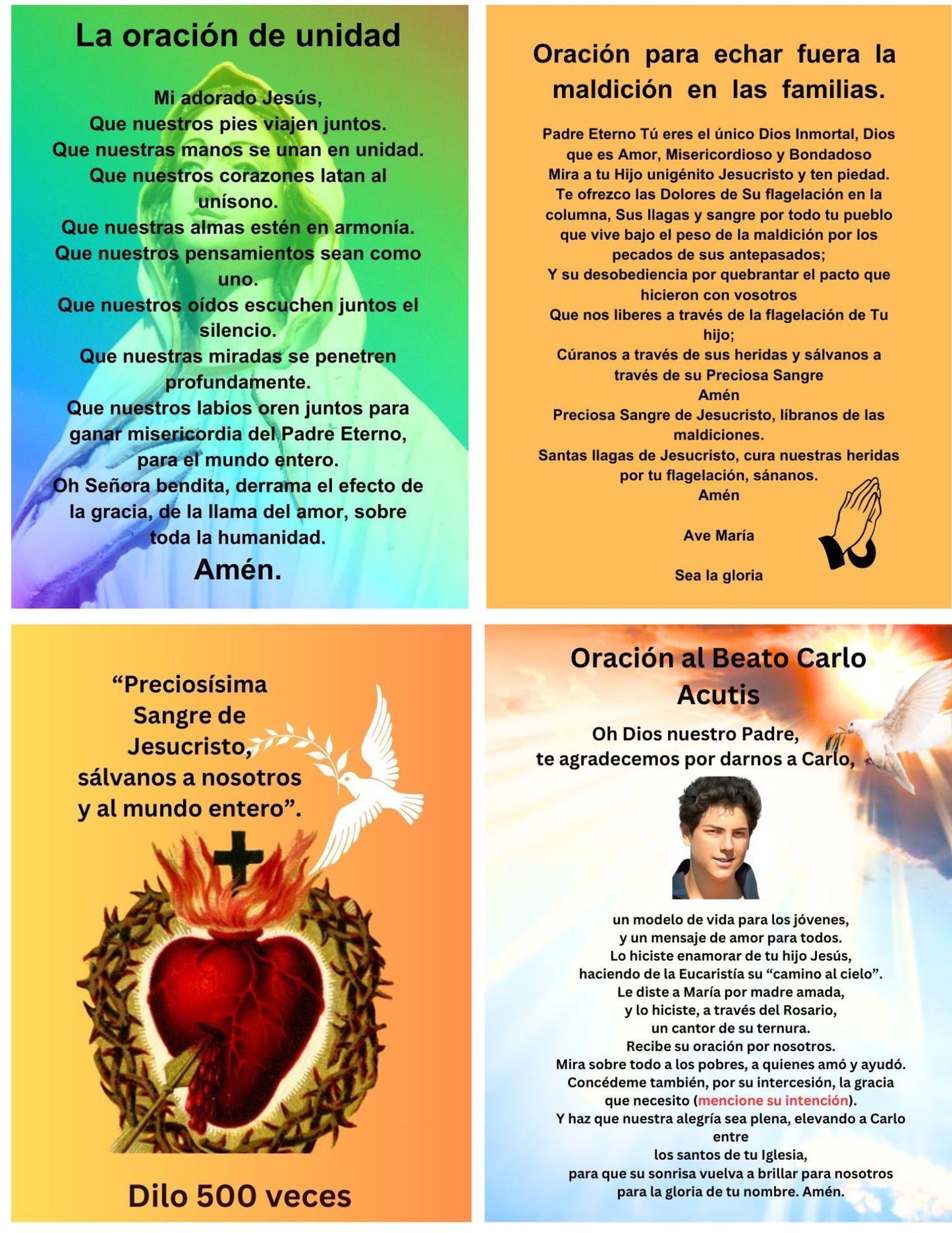 ORACIONES 4 EN 1 (UNIDAD, ELIMINAR LA MALDICIÓN, BENDITO CARLO ACUTIS, SANGRE DE JESÚS)/Cuadrícula 2 x 2 /Tarjeta de oración imprimible/PDF/Descarga digital