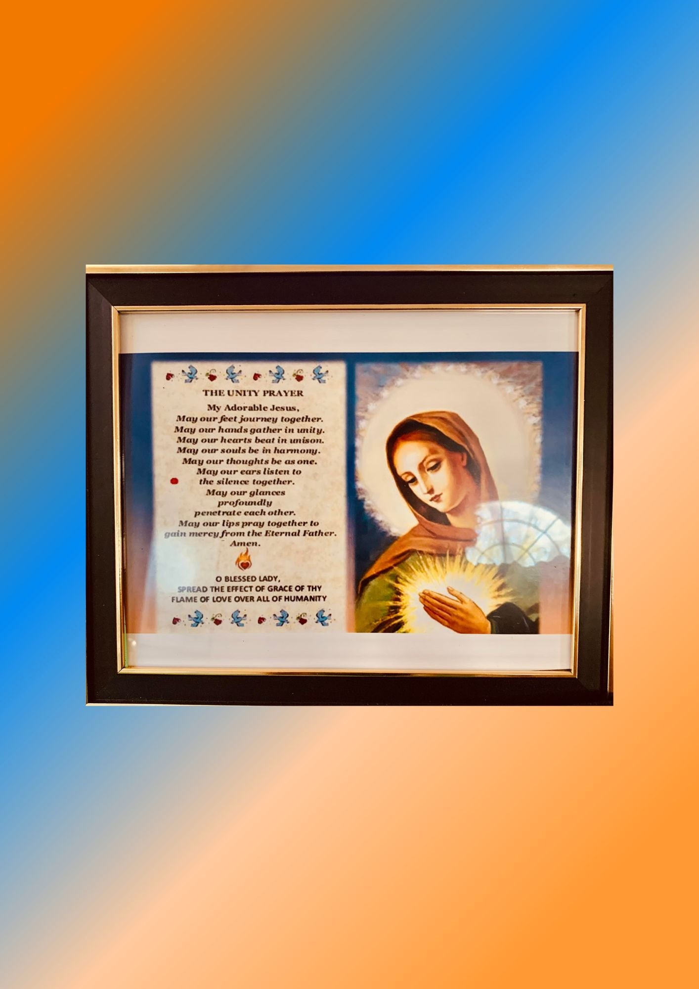 THE UNITY PRAYER IN FRAME WITH  BLESSED LADY OR  SACRED HEART OF JESUS/PLASTIC FACE/ 8 X 10 inches/