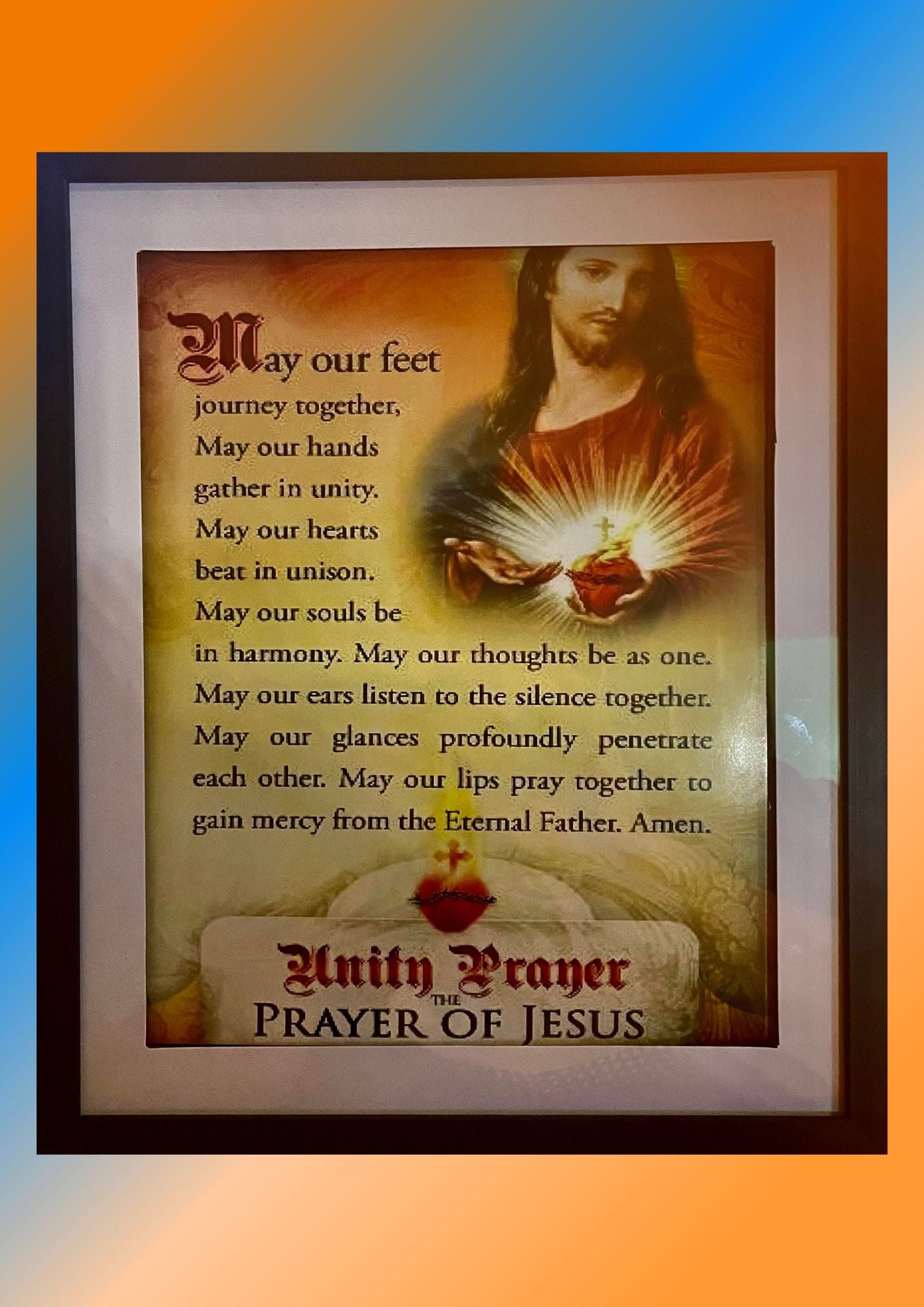 THE UNITY PRAYER IN FRAME WITH  BLESSED LADY OR  SACRED HEART OF JESUS/PLASTIC FACE/ 8 X 10 inches/