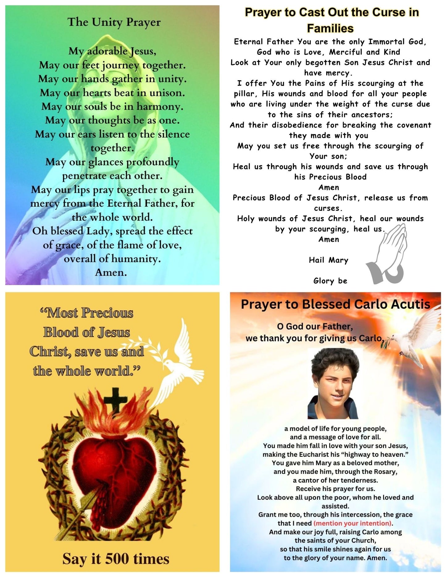 4-IN-1 PRAYERS(UNITY,CAST OUT CURSE,BLESSED CARLO ACUTIS,BLOOD OF JESUS)/2 x 2 Grid /Printable Prayer Card/PDF/Digital Download