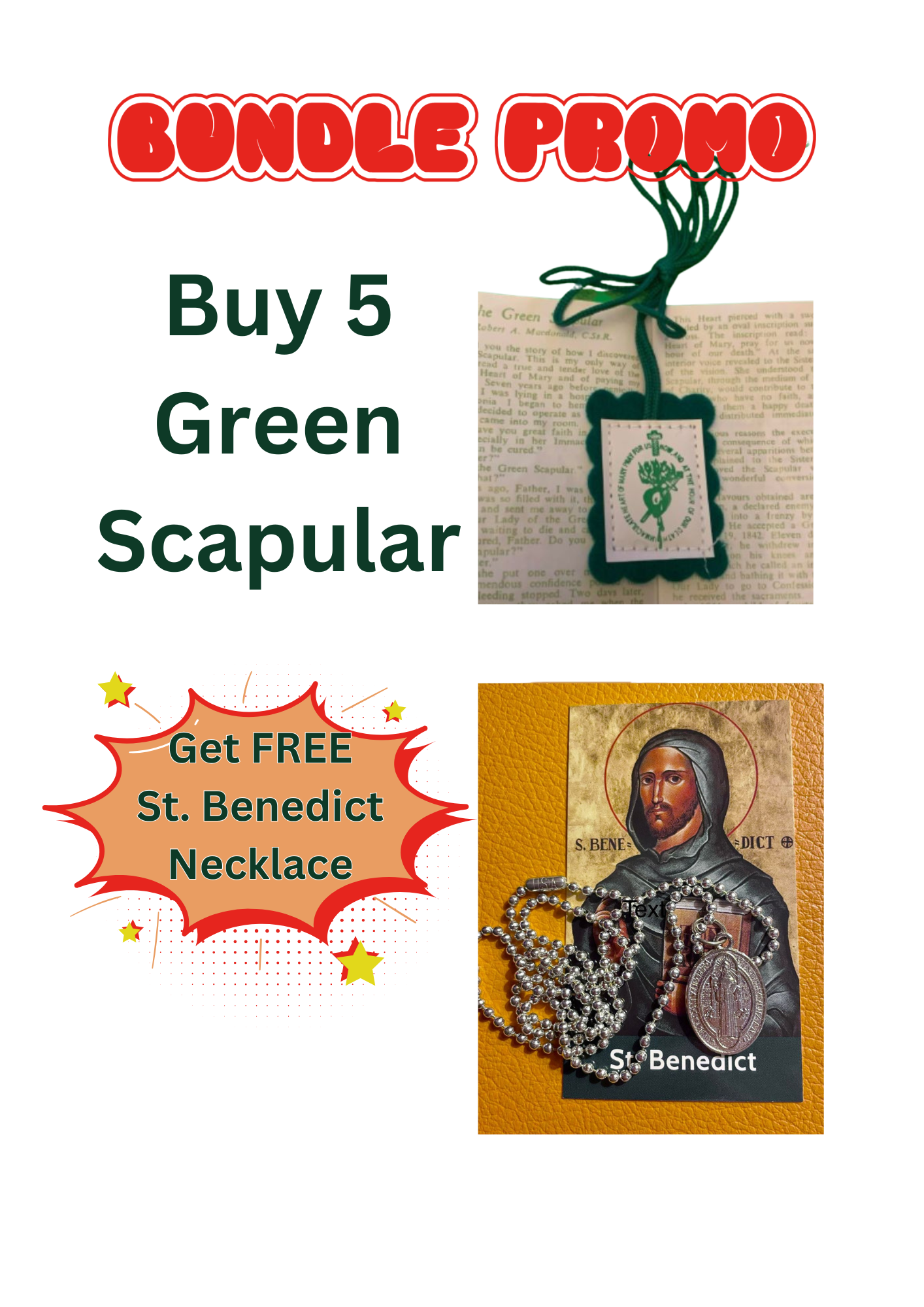 BUNDLE PROMO!!  BUY 5 GREEN OR BROWN SCAPULAR / GET FREE ST. BENEDICT NECKLACE