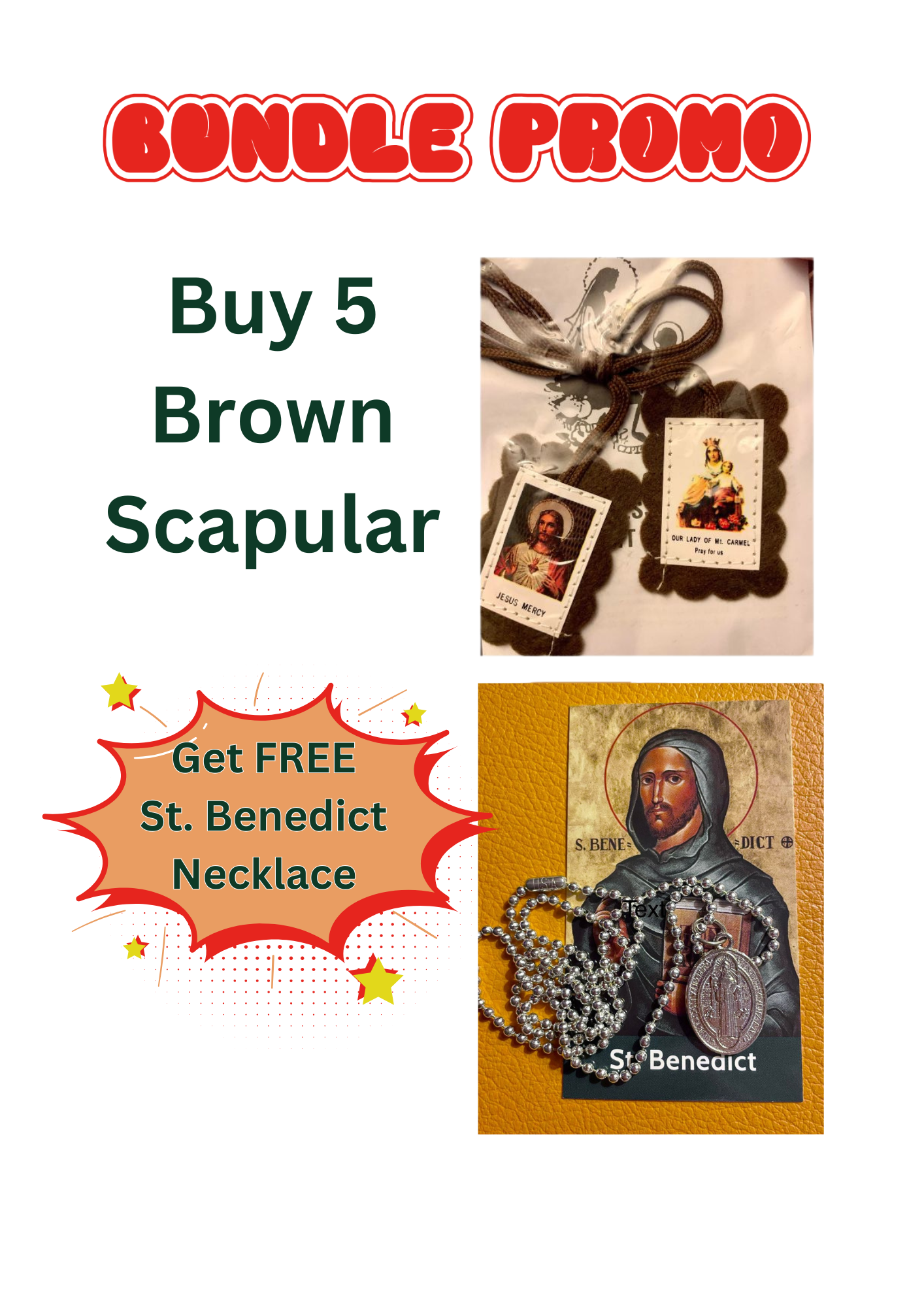 BUNDLE PROMO!!  BUY 5 GREEN OR BROWN SCAPULAR / GET FREE ST. BENEDICT NECKLACE