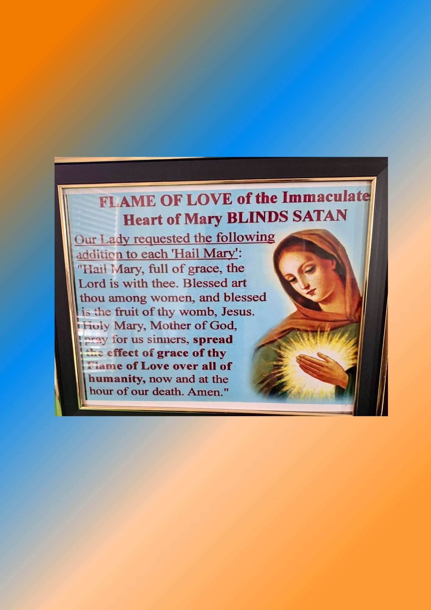 FLAME OF LOVE PRAYER IN FRAME/ PLASTIC FACE/ 8 X 10 inches