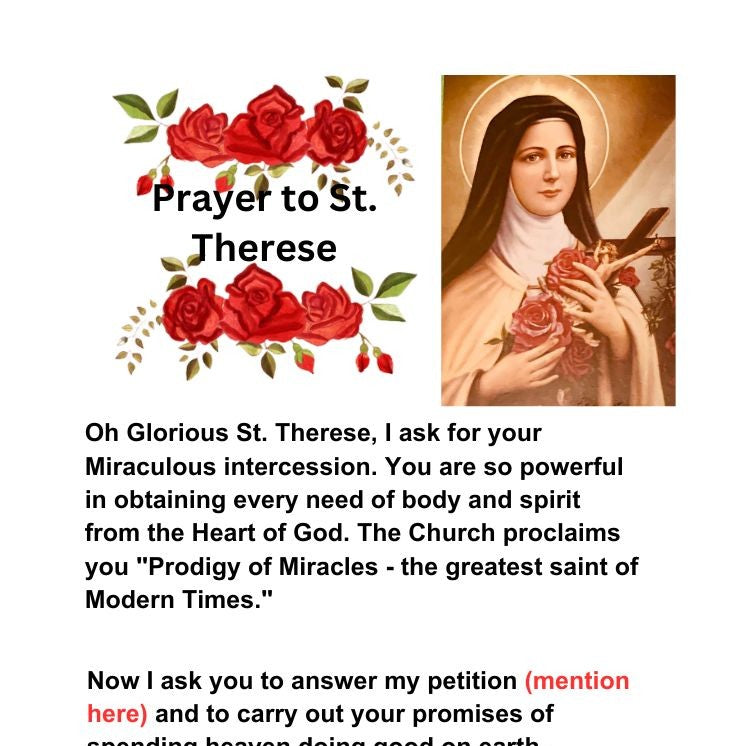 PRAYER TO ST. THERESE/ Pocket Size (2.5" x 3.5") Printable Prayer Card PDF/Digital Download