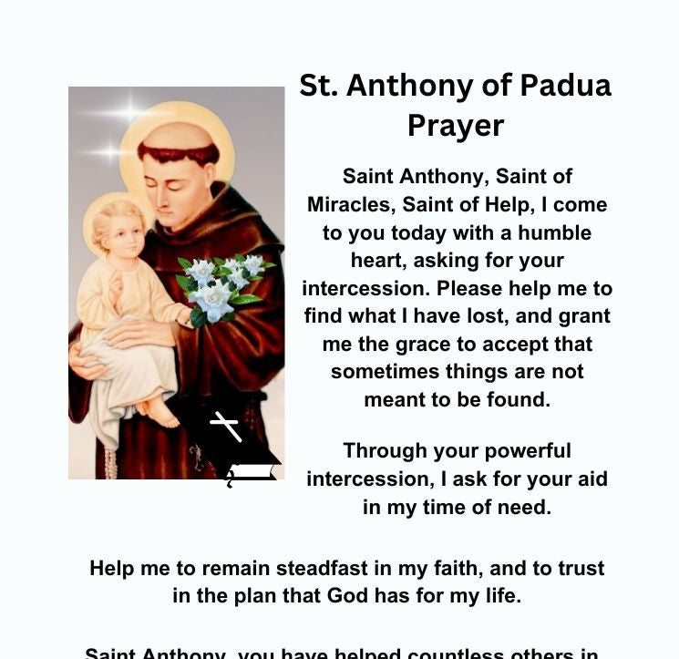 ST. ANTHONY OF PADUA PRAYER/Pocket Size (2.5" X 3.5") Printable Prayer ...