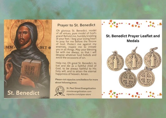 St. Benedict Prayer Leaflet with 5 Round Catholic Medals Pendant/Pack