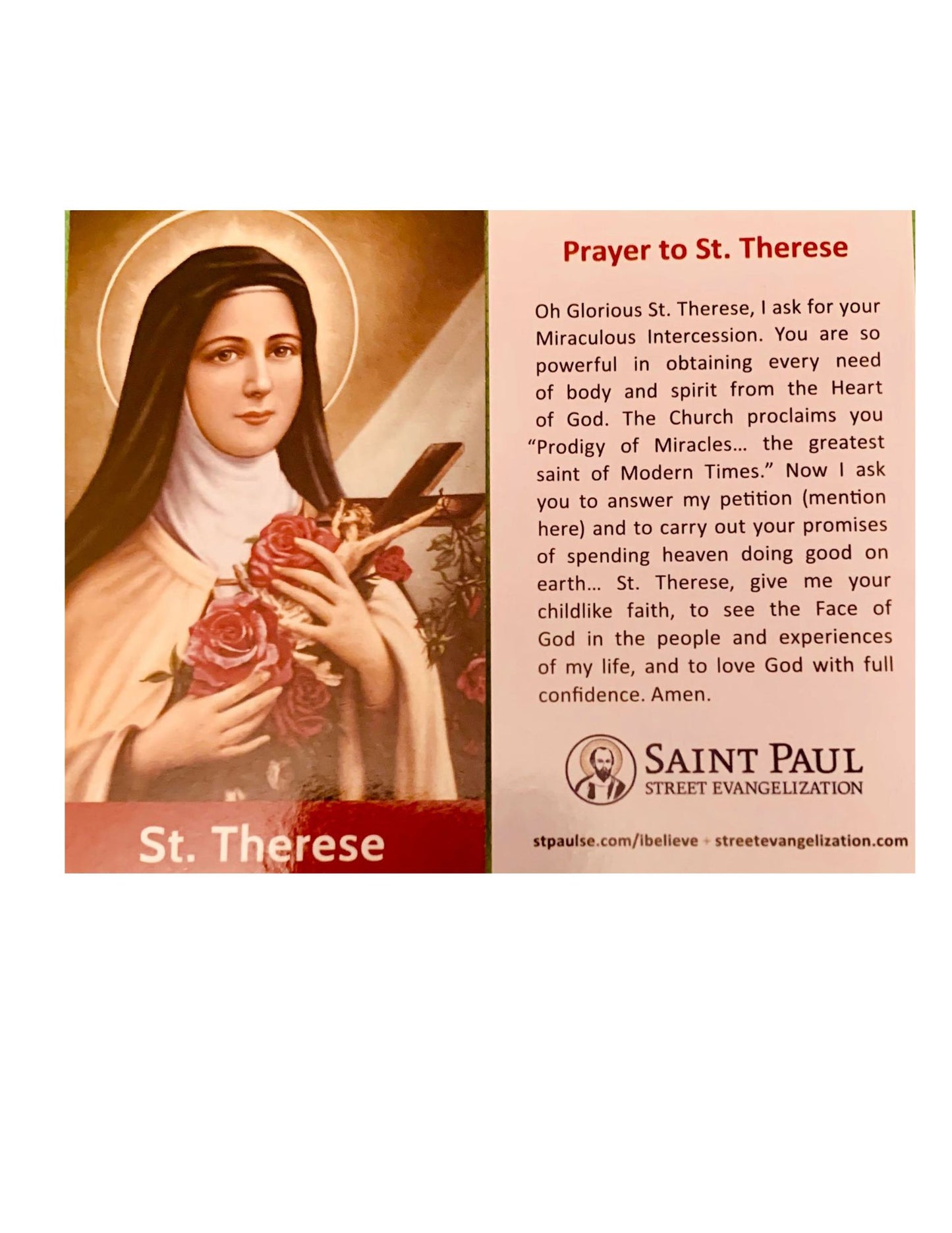 ST. THERESE PRE-PRINTED HOLY CARD/ 2" x 3.5"