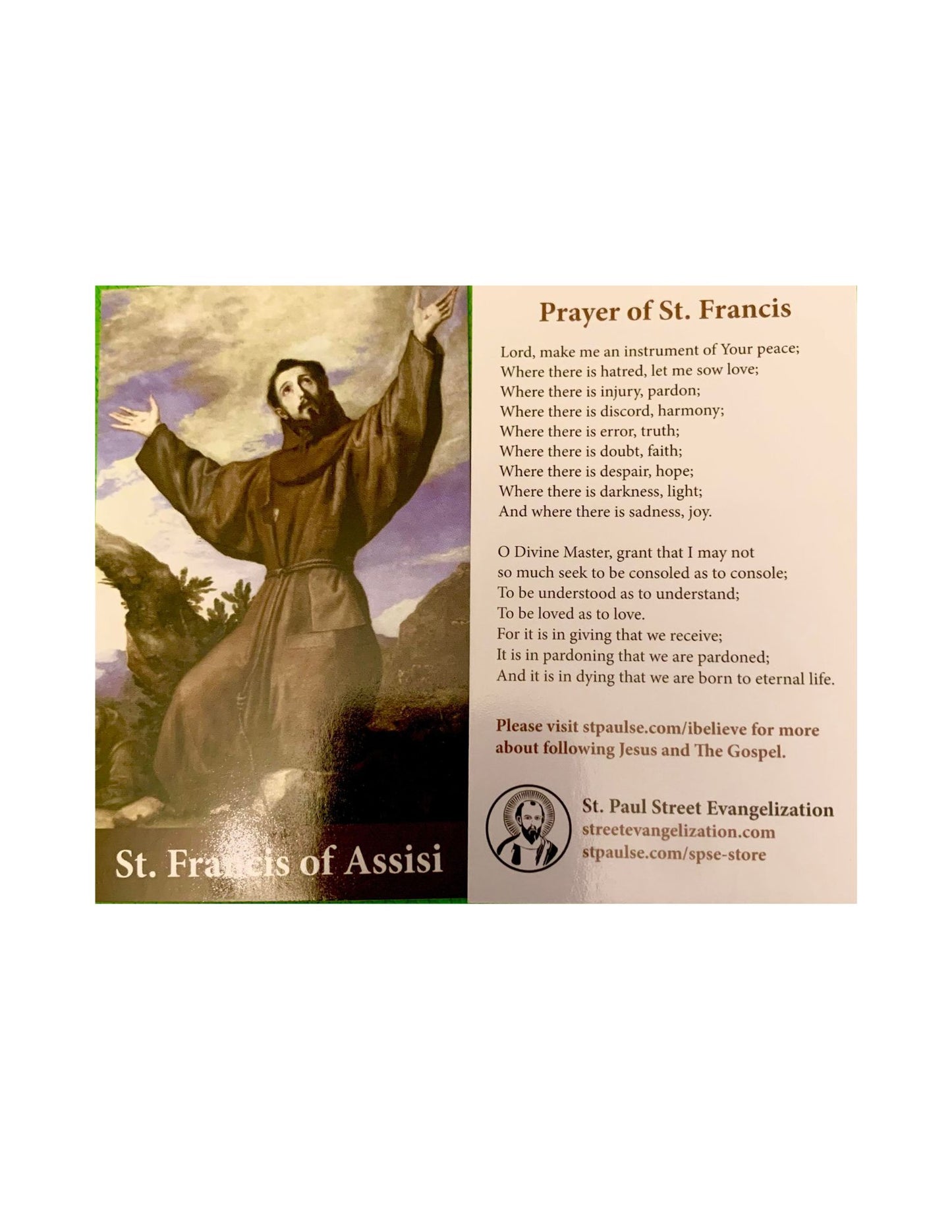 ST. FRANCIS OF ASSISI PRINTED HOLY CARD/ 2" x 3.5"