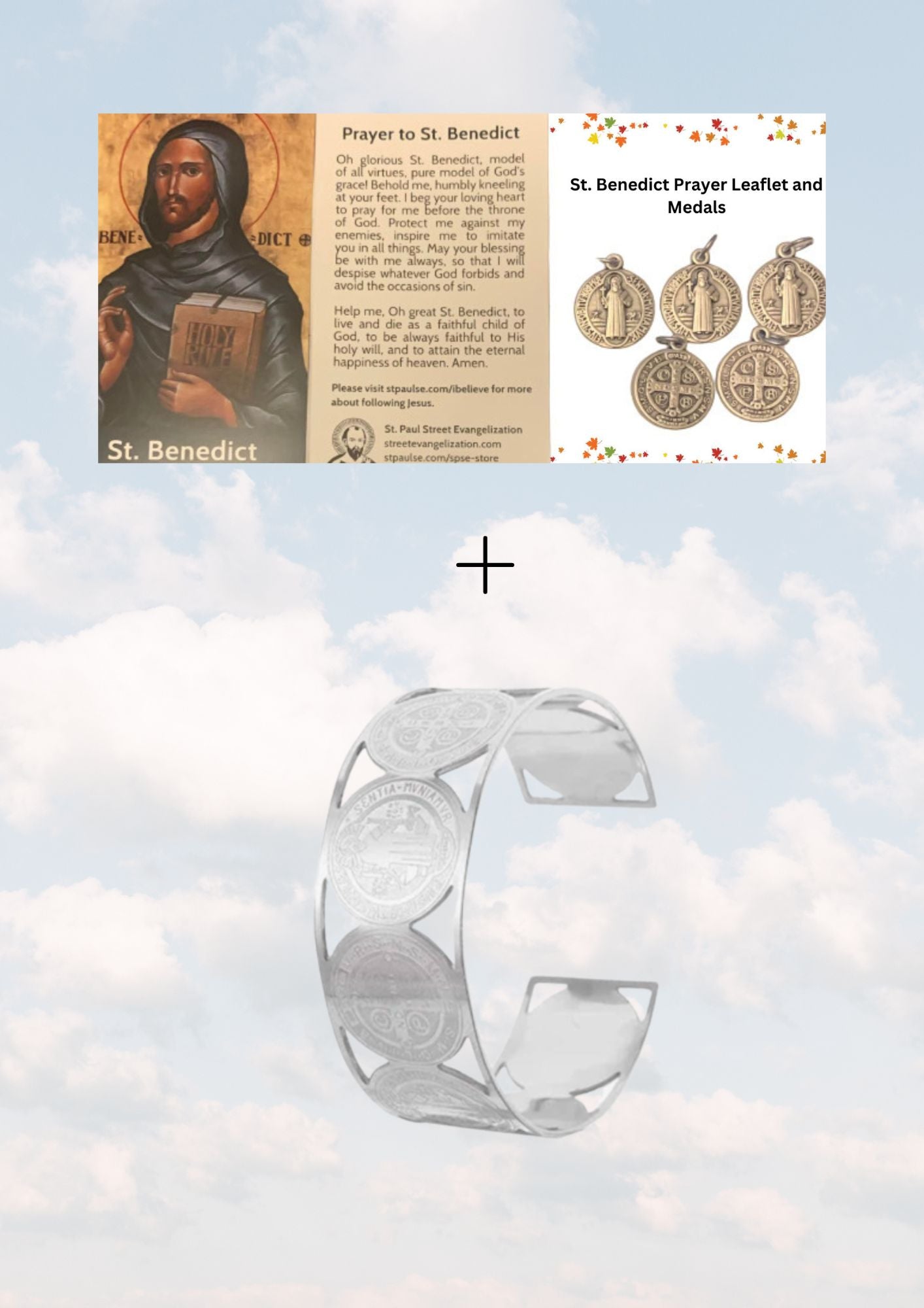 ST. BENEDICT COMBO PACKAGE 1/ PRAYER LEAFLET WITH MEDALS AND ONE BRACELET