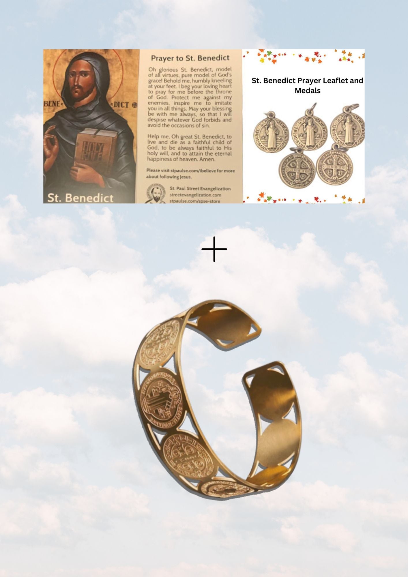 ST. BENEDICT COMBO PACKAGE 1/ PRAYER LEAFLET WITH MEDALS AND ONE BRACELET